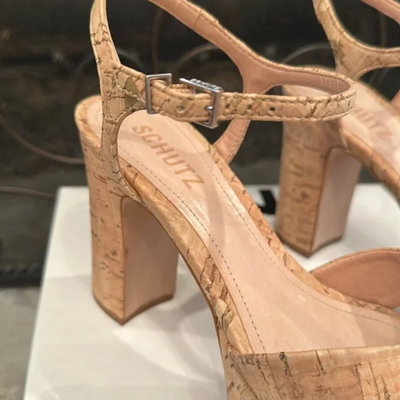 SCHUTZ Tan Platform Heels with Chunky Cork Heel - Picture 4 of 16